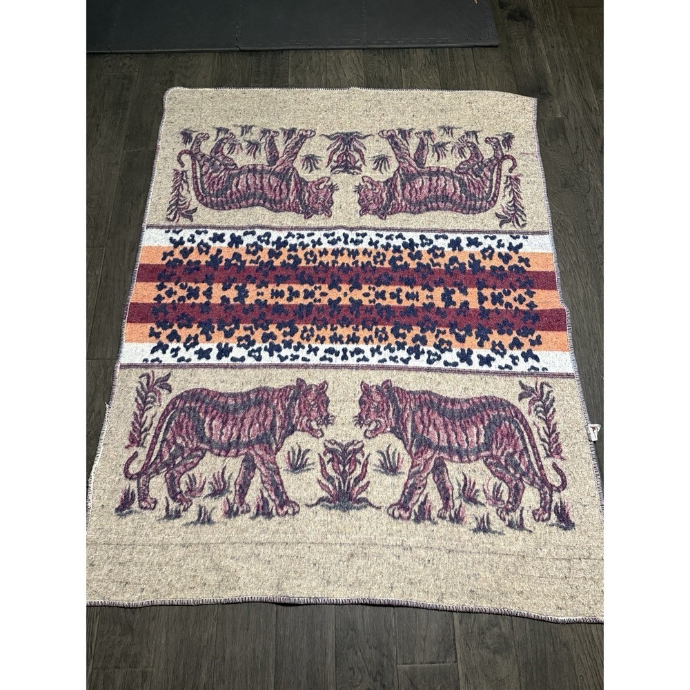 Vintage Artesania Textil Peru Tiger Blanket Full Throw Reversible 61" x 78" Rare